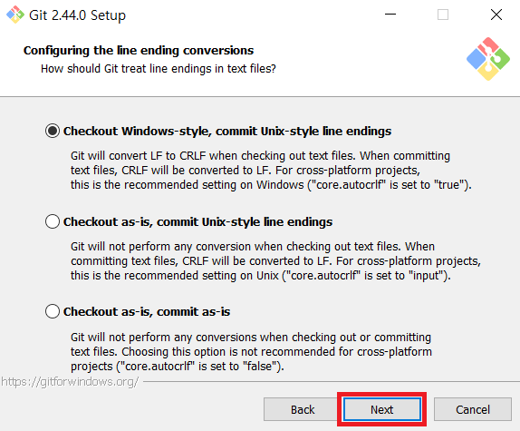 Configuring the line ending conversions while installing Git for Windows Configuring the line ending conversions while installing Git for Windows