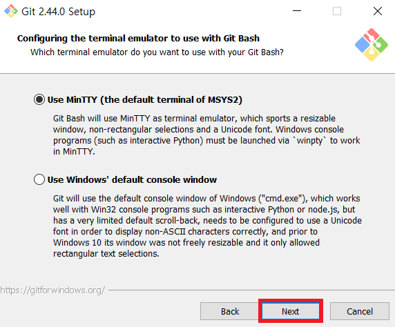 Configuring the terminal emulator to use with Git Bash while installing Git for Windows Configuring the terminal emulator to use with Git Bash while installing Git for Windows