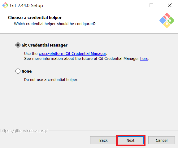 Choose a credential helper while installing Git for Windows Choose a credential helper while installing Git for Windows