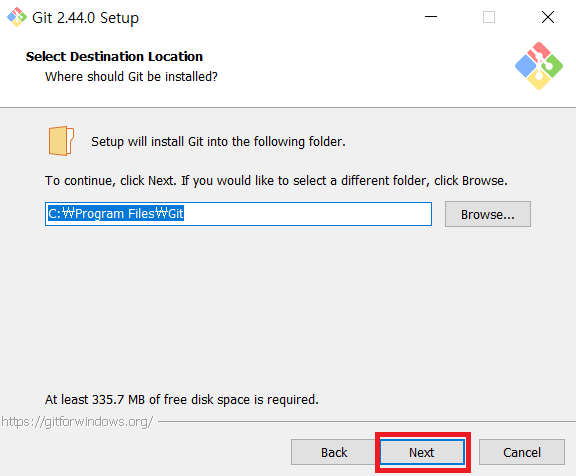 Select destination location while installing Git for Windows Select destination location while installing Git for Windows