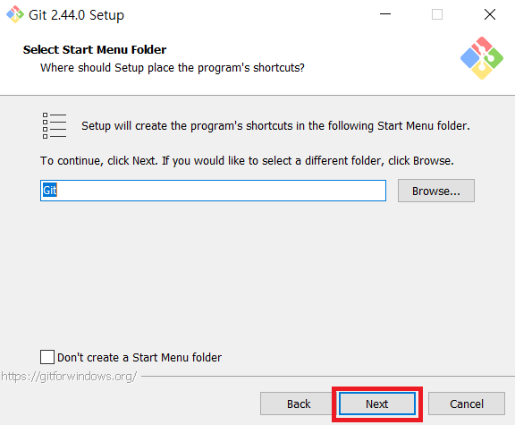 Select start menu folder while installing Git for Windows Select start menu folder while installing Git for Windows