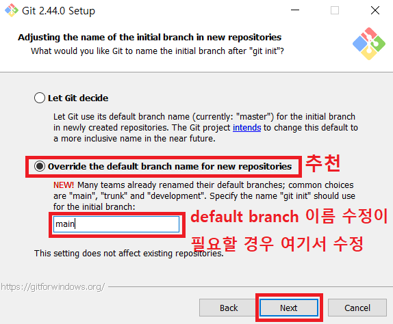 Adjusting the name of the initial branch in new repositories while installing Git for Windows Adjusting the name of the initial branch in new repositories while installing Git for Windows