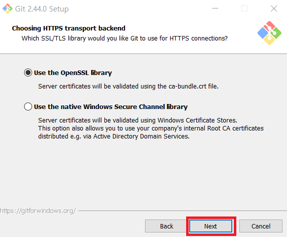 Choosing HTTPS transport backend while installing Git for Windows Choosing HTTPS transport backend while installing Git for Windows