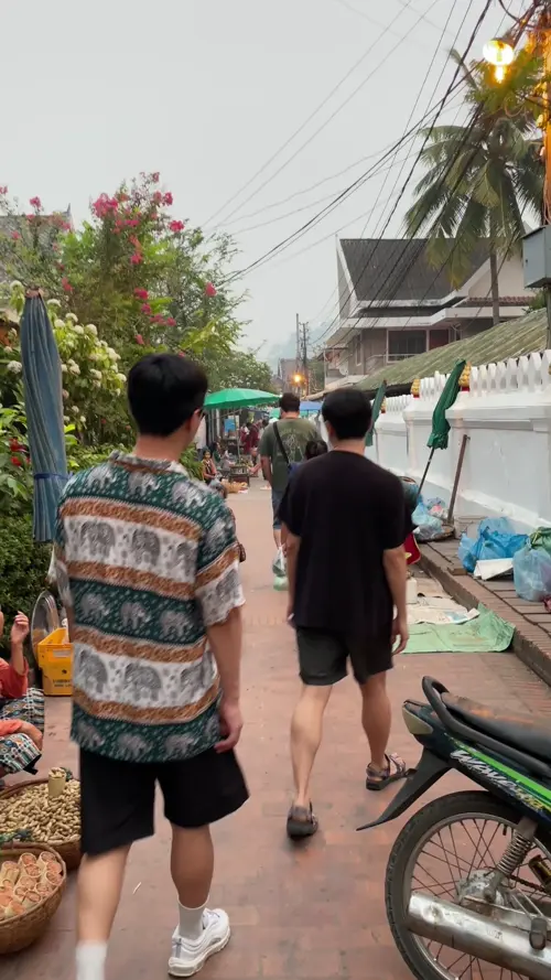 루앙 프라방 아침 시장을 걷는 중인 블로거와 친구들