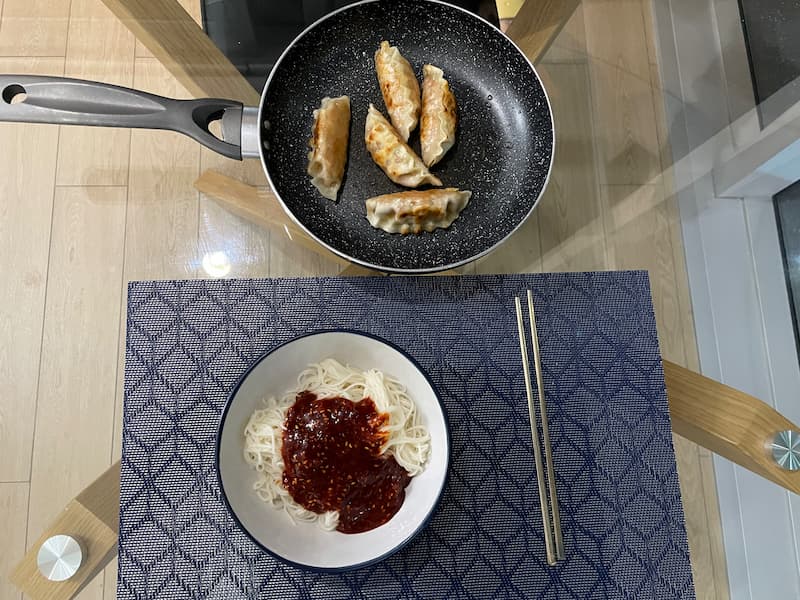 Bibim noodles and crispy Korean dumplings