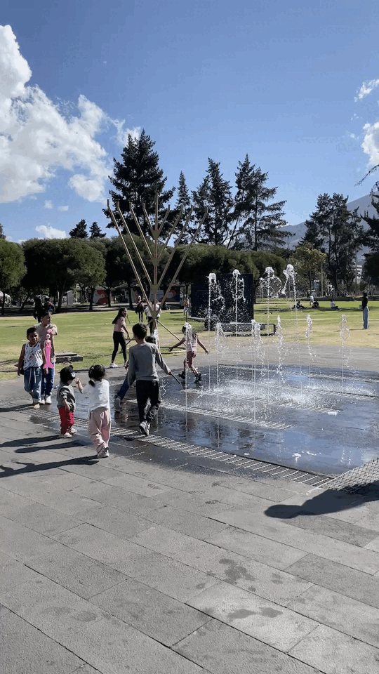 Playing children with fountain