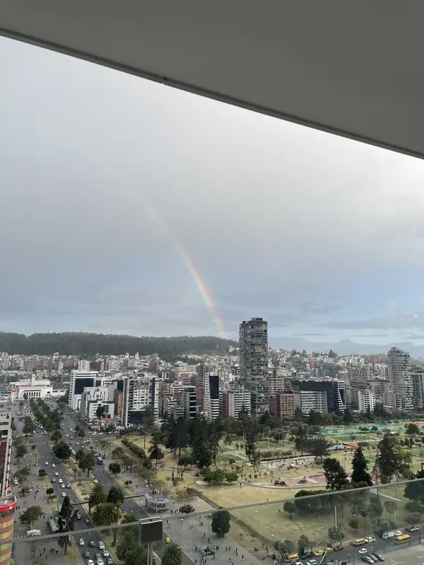 도시를 관통하는 듯한 대낮의 무지개