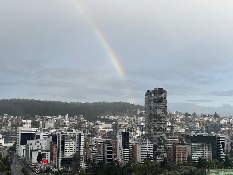 도시를 관통하는 듯한 대낮의 무지개